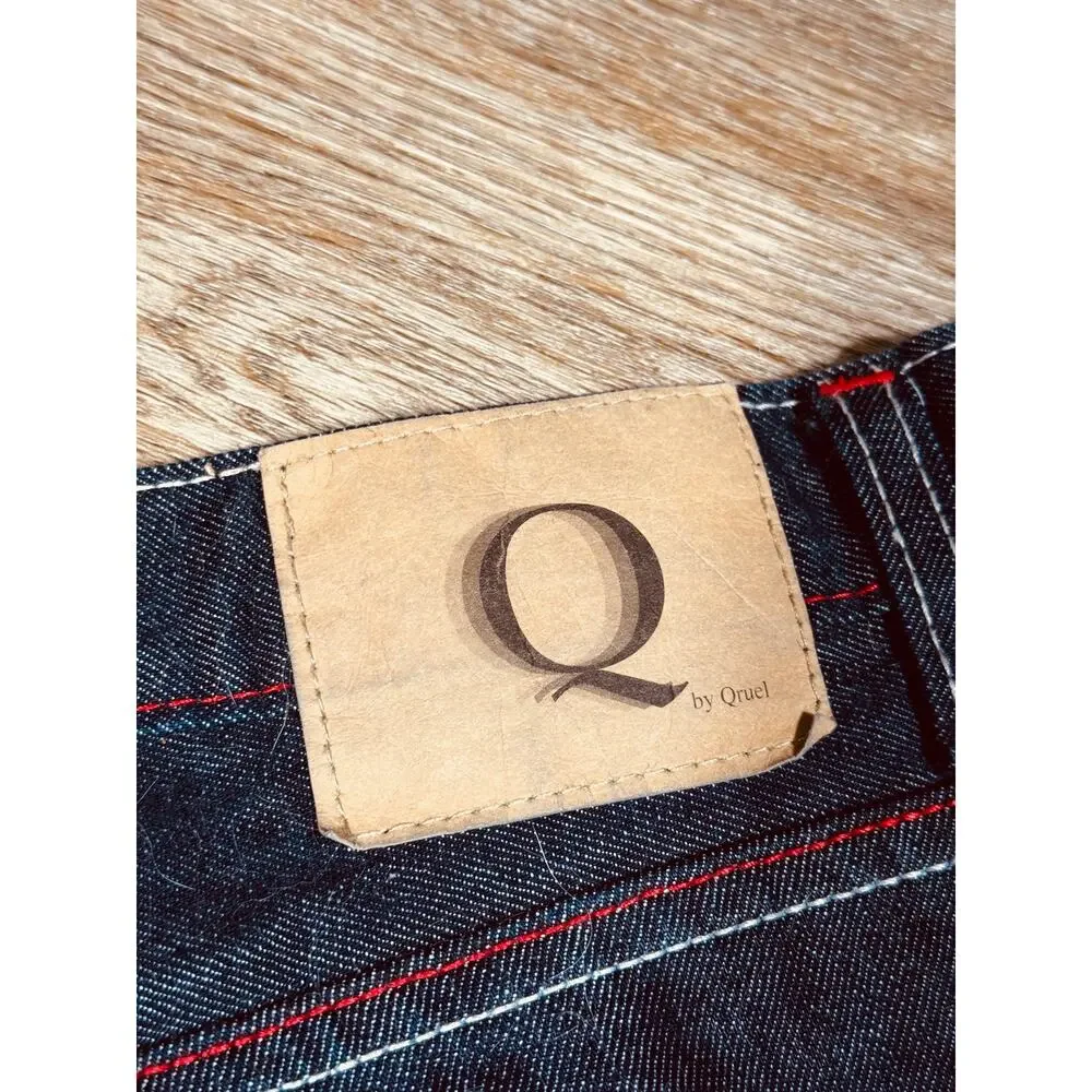Q by Qruel Y2K Dark Wash Designer Jeans Red White Contrast Stitch  36x33